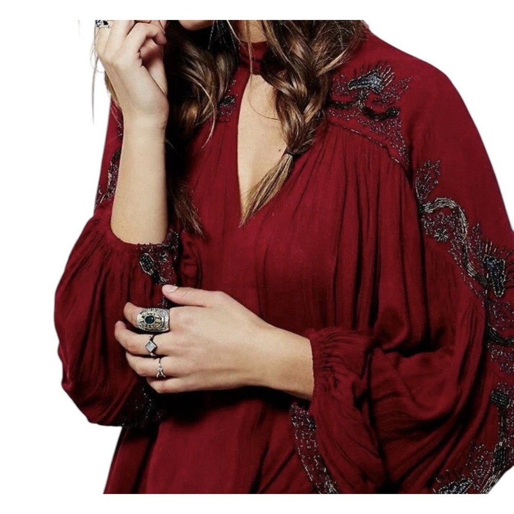 Free People Tall Tales Embroidered‎ Embellished Top Women XS Long Sleeve Boho